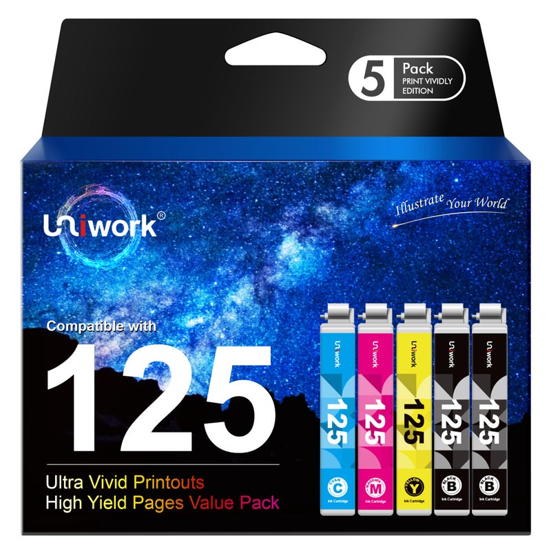 Uniwork Remanufactured 125 Ink Cartridge Replacement for Epson 125 T125 use for NX125 NX127 NX130 NX230 NX420 NX530 NX625 Workforce 320 323 325 Printer 5 Pack (2 Black, 1 Cyan, 1 Magenta, 1 Yellow)